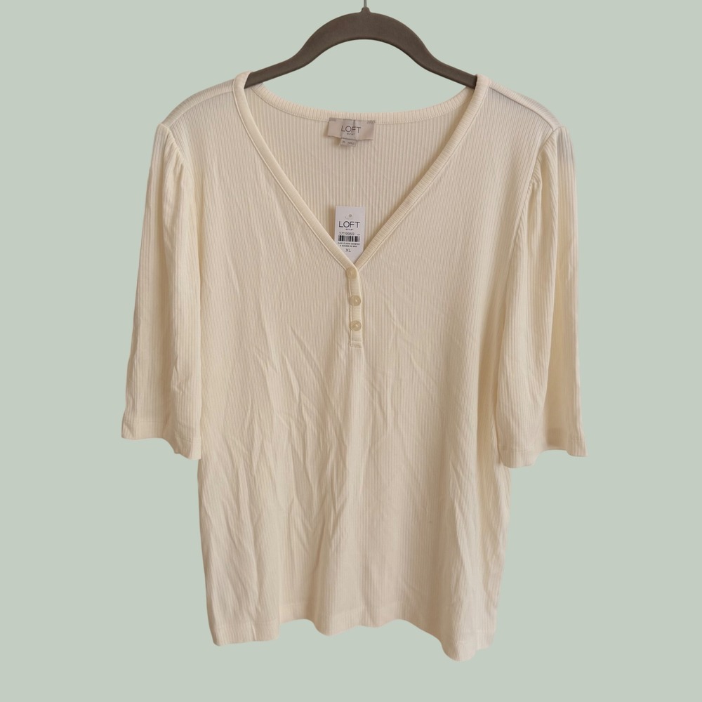 Loft Outlet Womens XL Cream Ribbed V-Neck Henley Elbow Sleeve‎ Puff Shoulder Top